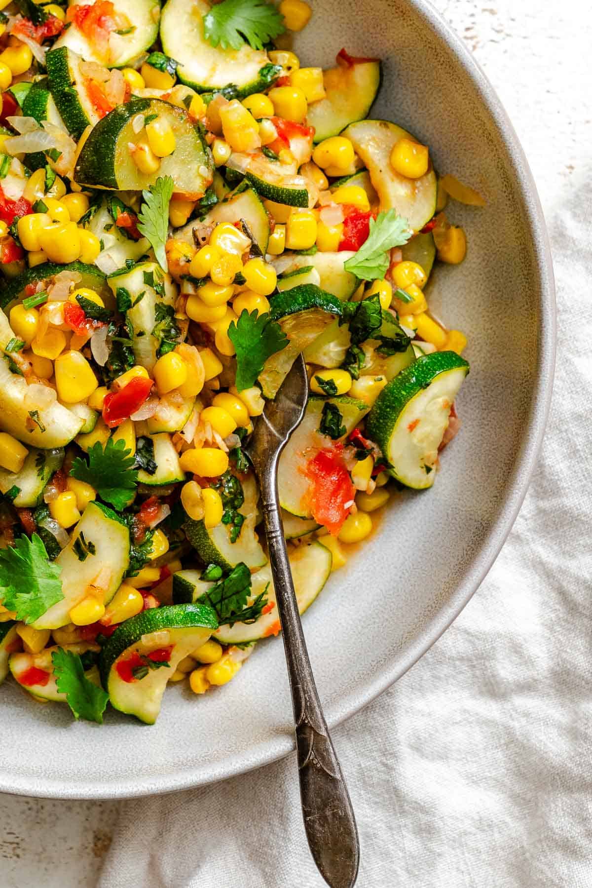 Completed Easy Calabacitas Recipe (Mexican Zucchini) on plate.