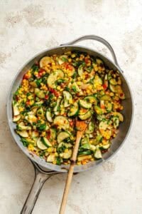 Completed Easy Calabacitas Recipe (Mexican Zucchini) in pan.