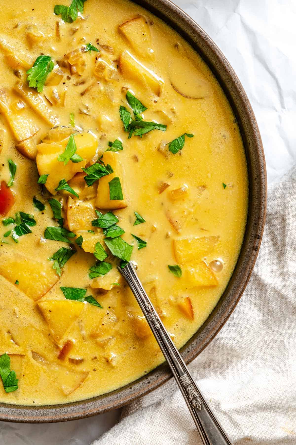 Completed Creamy Apple Curry in a plate against a white surface.