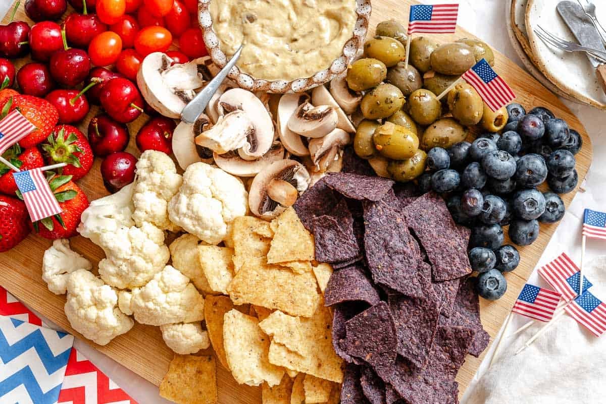 Completed 4th of July Charcuterie Board on a serving platter.