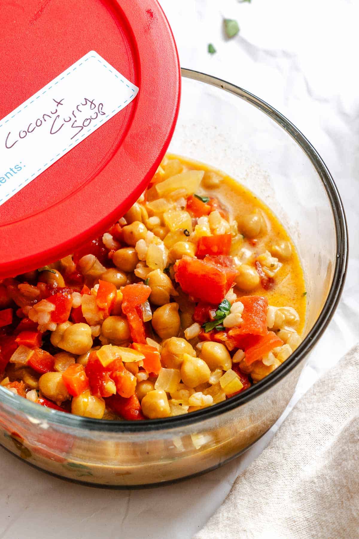 Completed Coconut Chickpea Curry Soup in storage container.