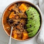 Completed Sweet Potato Quinoa Chili in a bowl.