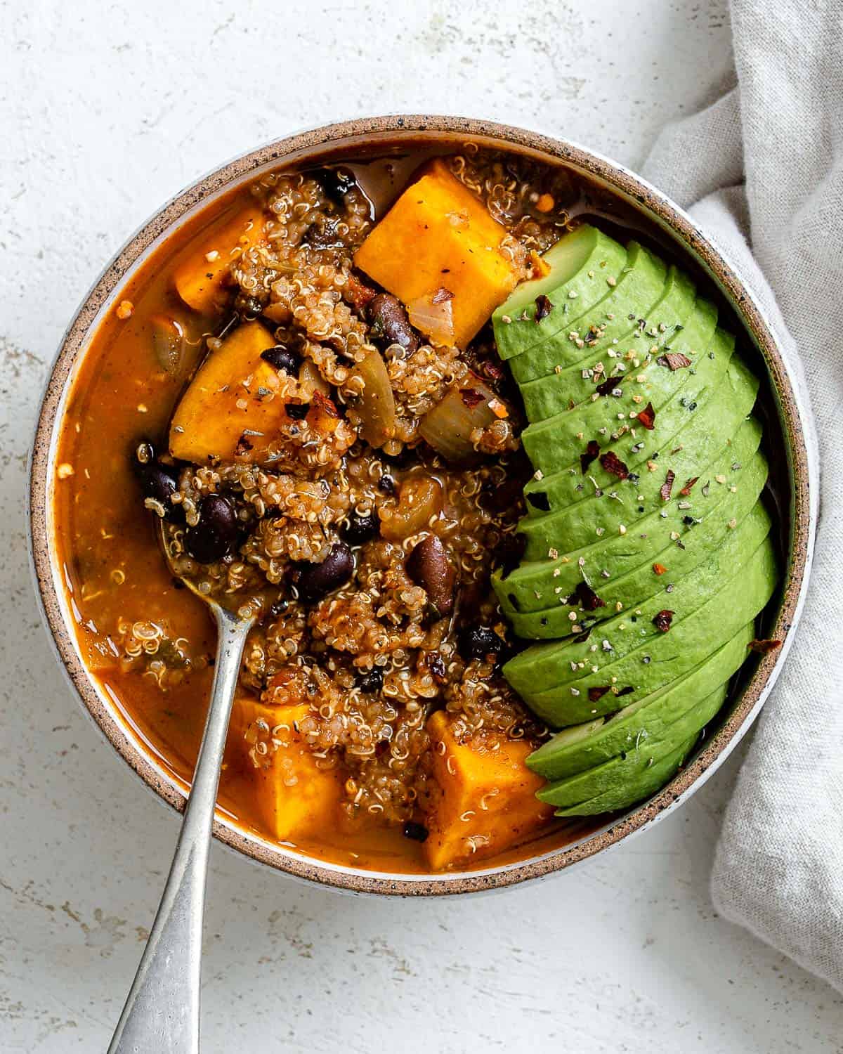 Completed Sweet Potato Quinoa Chili in a bowl.