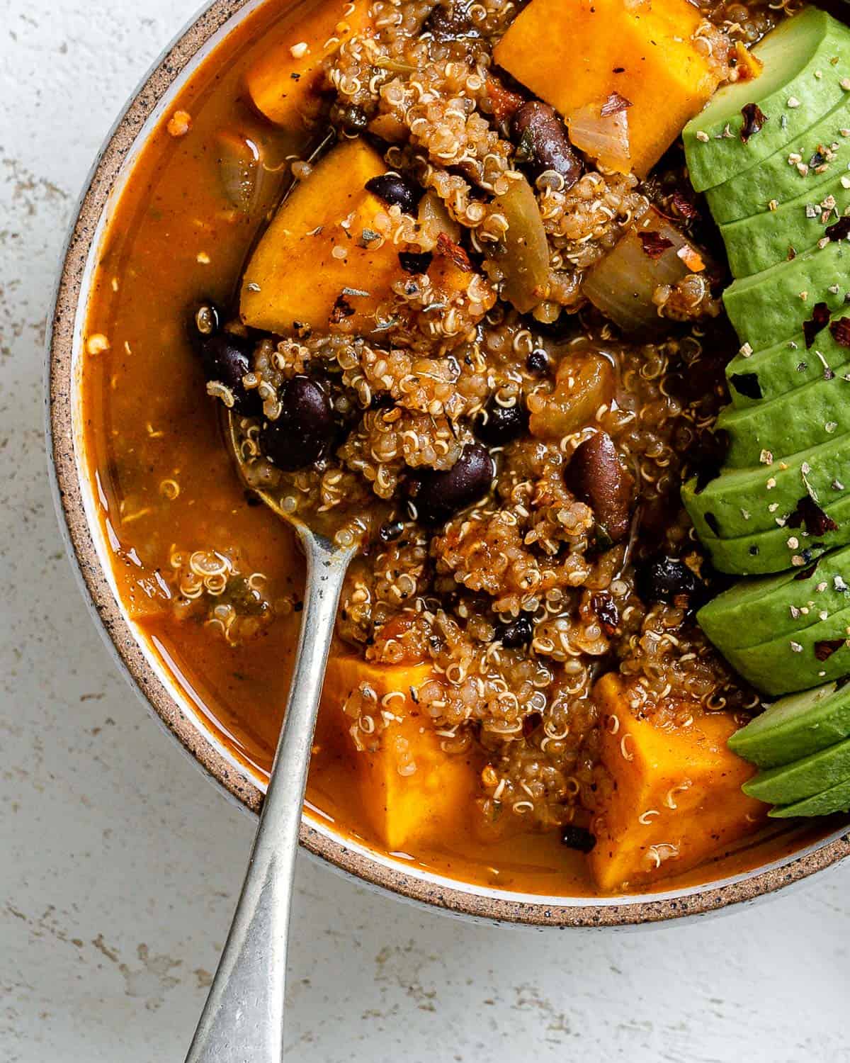 Completed Sweet Potato Quinoa Chili in a bowl.