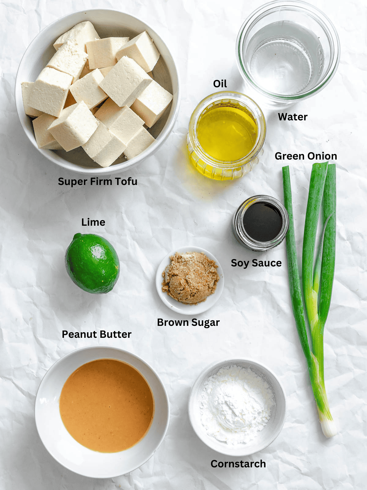 Ingredients for Crispy Tofu with Peanut Sauce measured out.