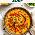 Pin for Coconut Chickpea Curry Soup.