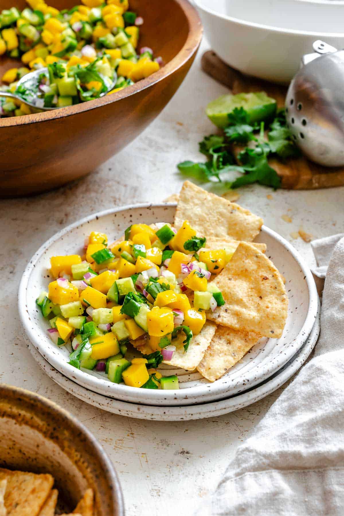 Completed Mango Cucumber Salsa on a plate against a white surface.
