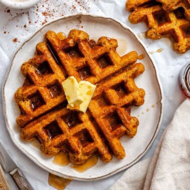 Completed Vegan Pumpkin Waffles on a plate.