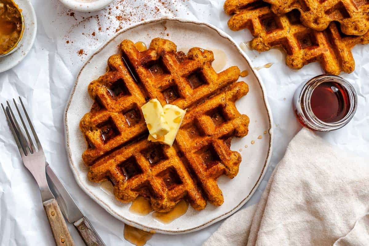 Completed Vegan Pumpkin Waffles on a plate.