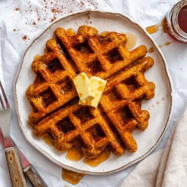 Completed Vegan Pumpkin Waffles on a plate.