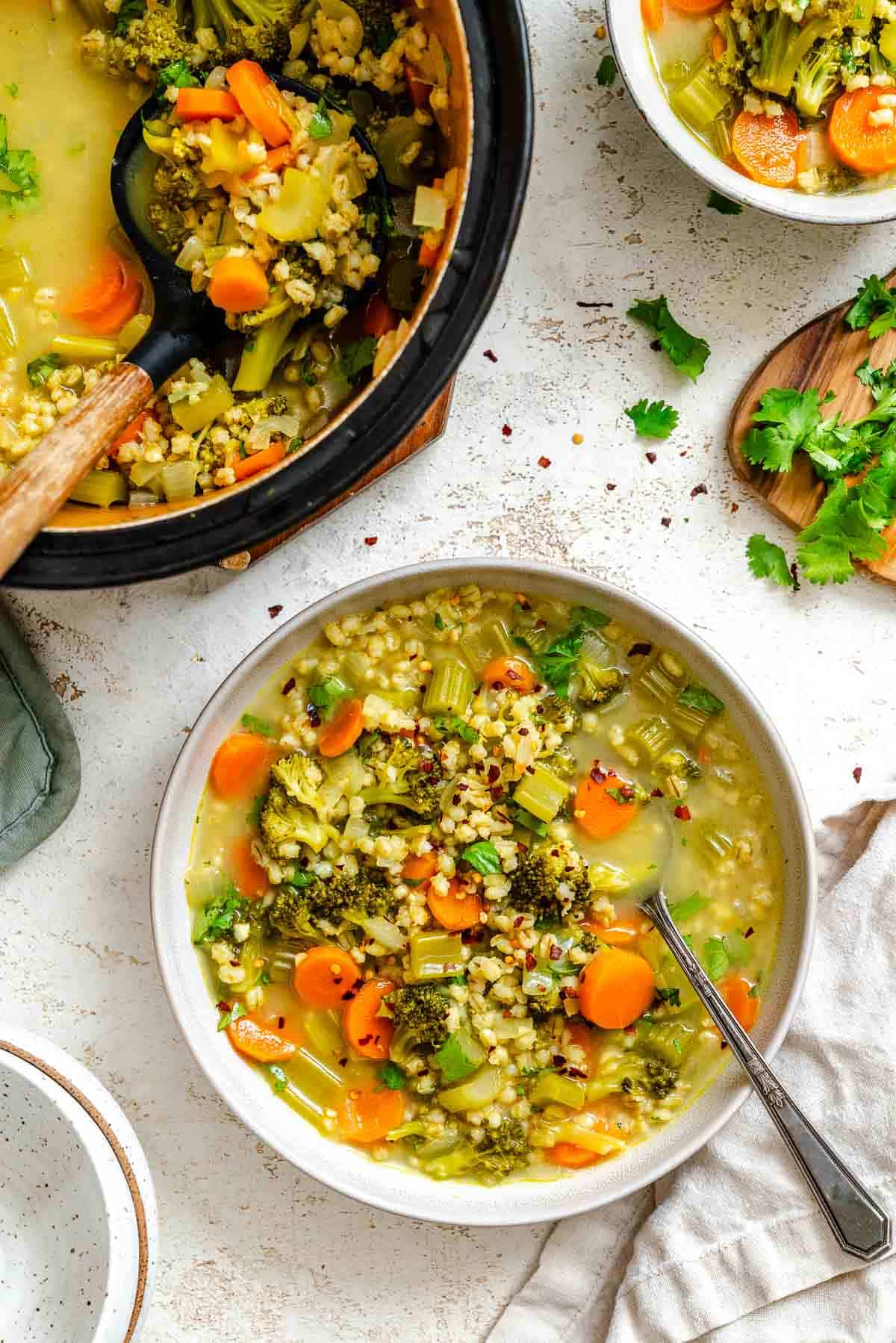 Completed Vegetable Barley Soup in a bowl alongside pot.