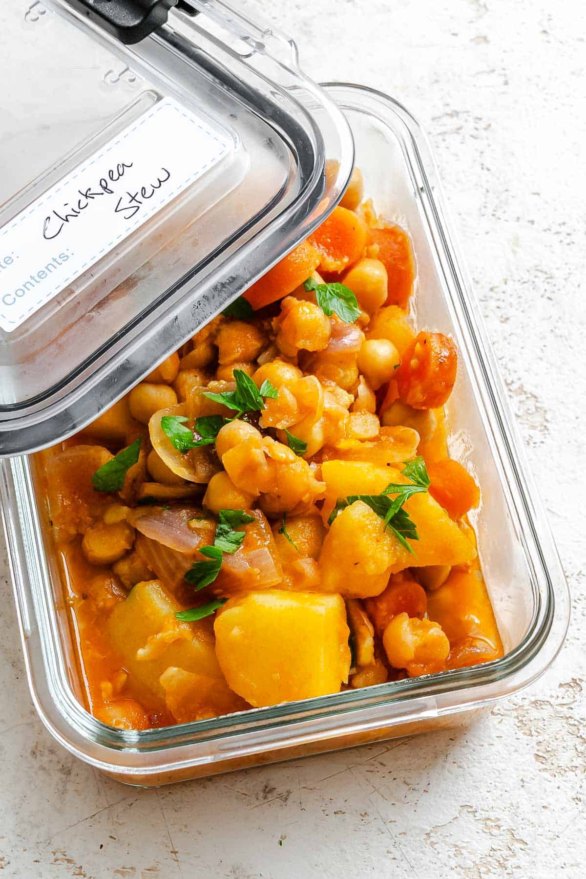Completed Chickpea Stew in a storage container.