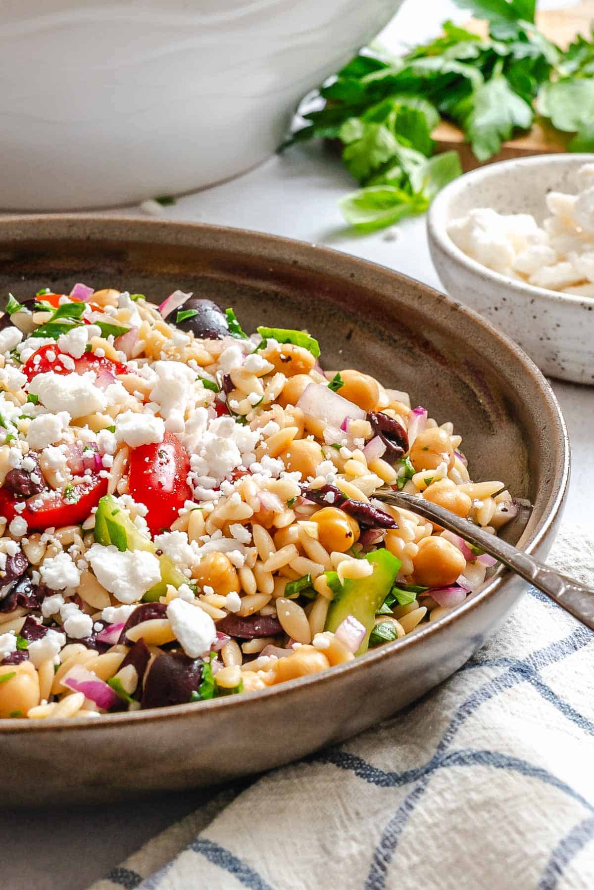 Completed Easy Lemon Orzo Salad in a bowl.