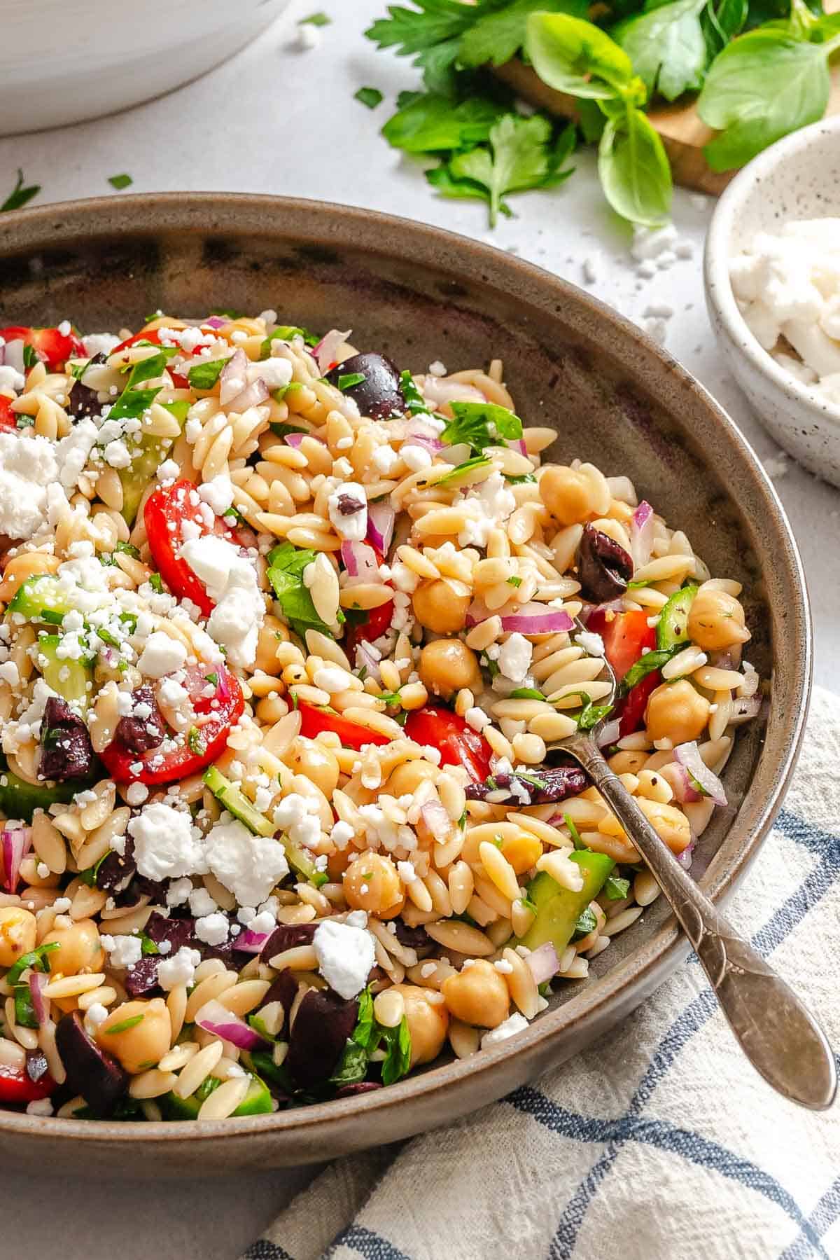 Completed Easy Lemon Orzo Salad in a bowl.