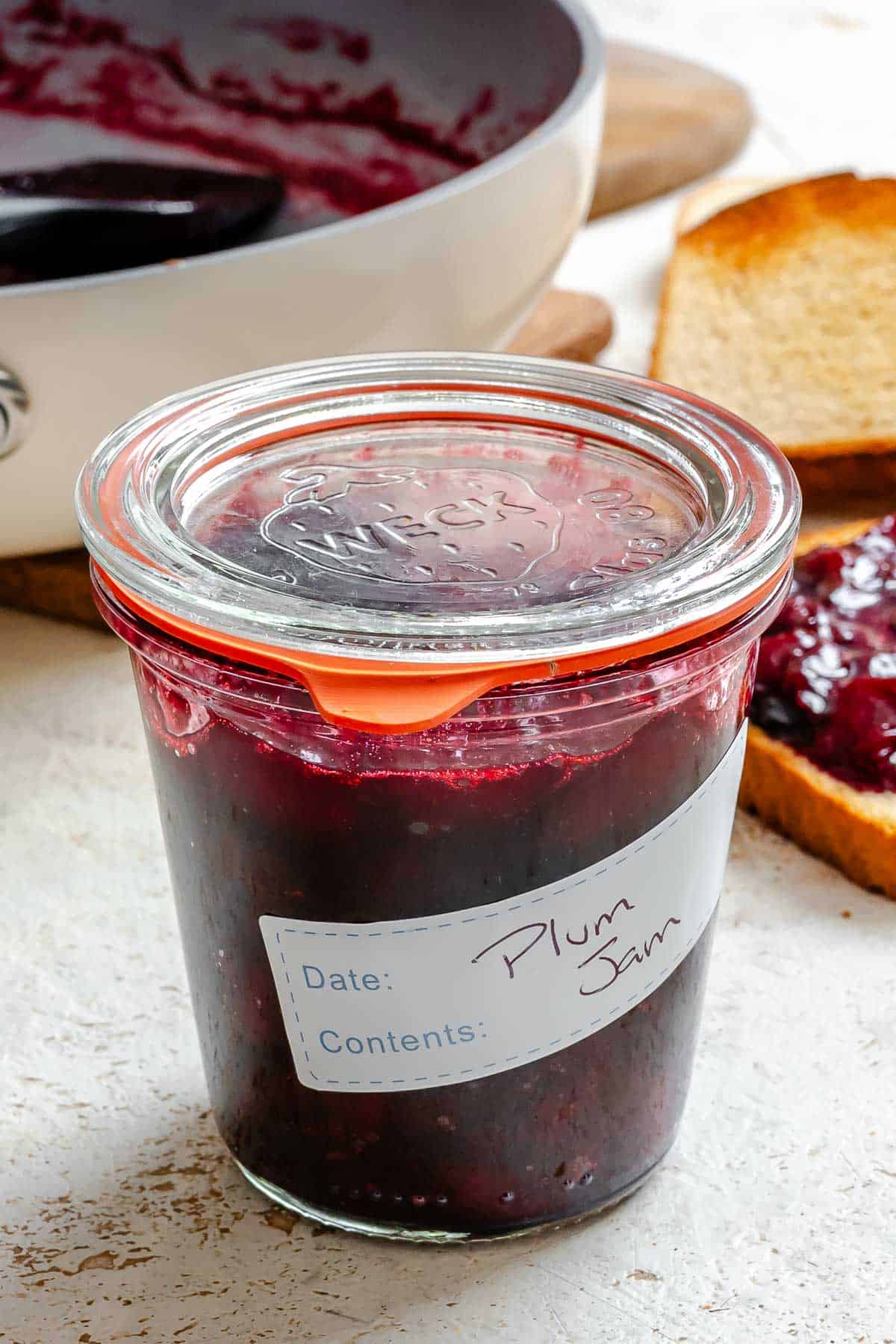 Completed Easy Plum Jam (No Pectin) in a jar.