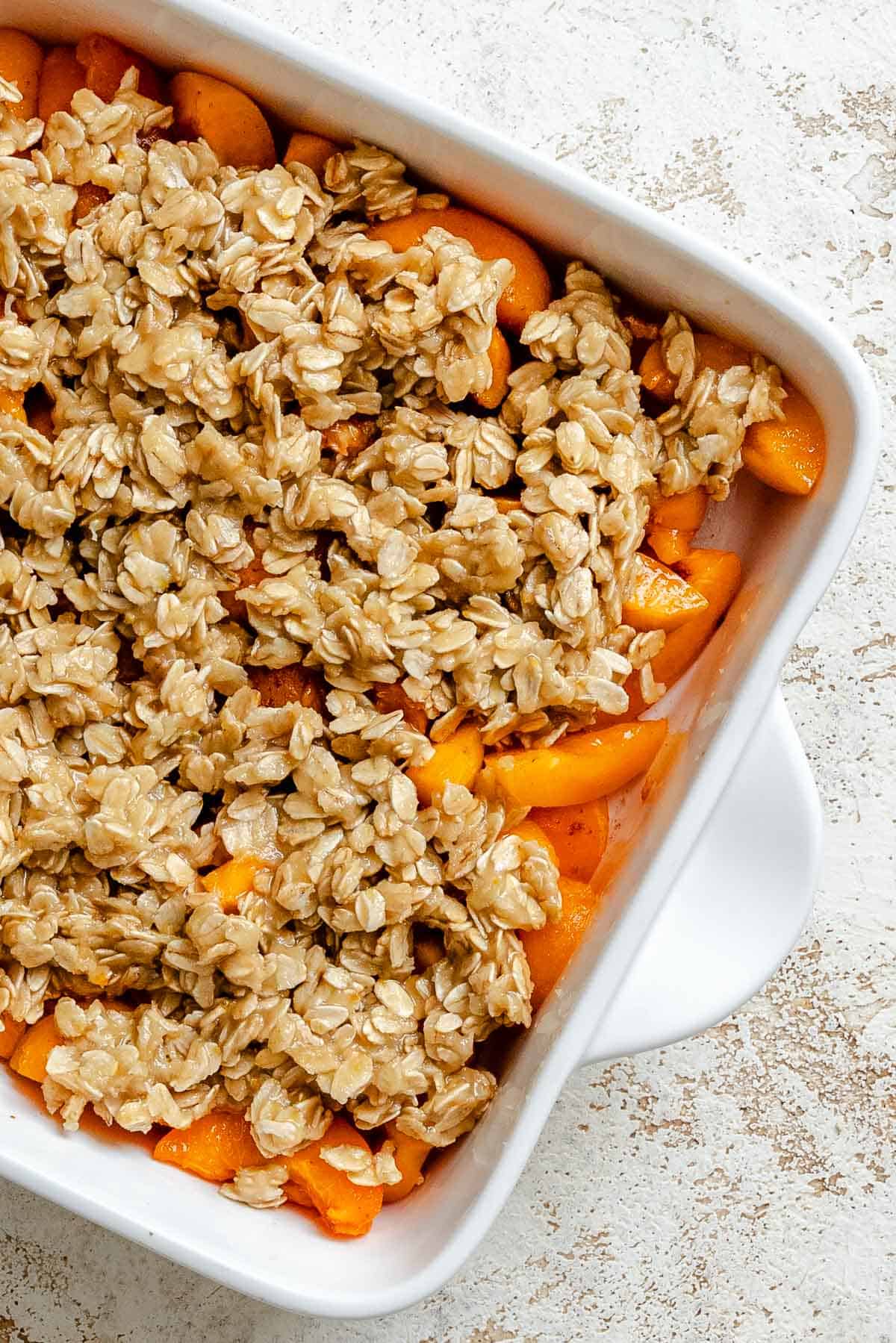 Completed Easy Apricot Crumble (With Oats) in baking dish.