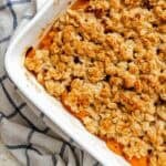 Completed Easy Apricot Crumble (With Oats) in baking dish.
