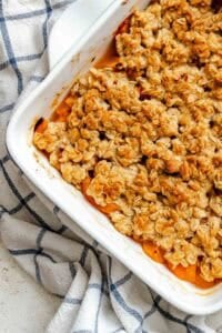 Completed Easy Apricot Crumble (With Oats) in baking dish.