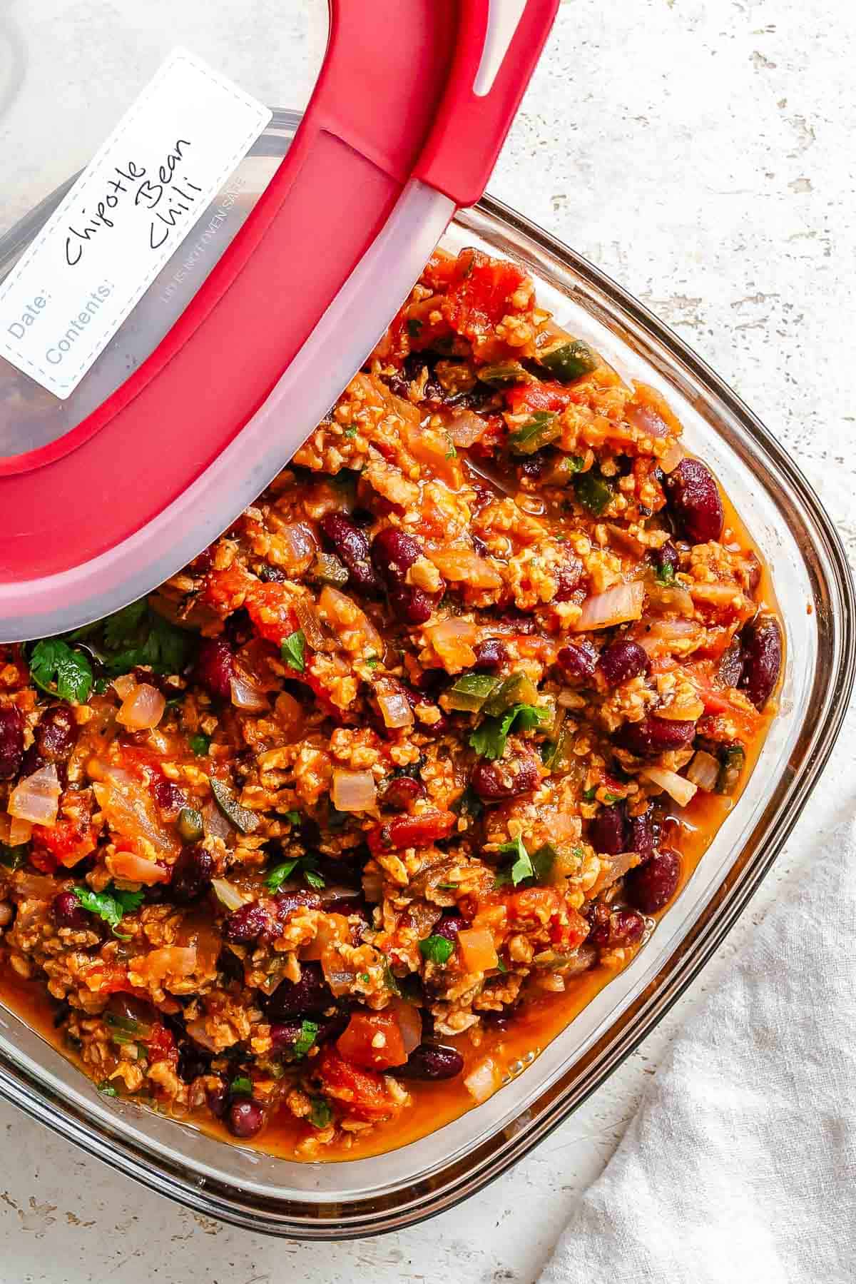 Completed Chipotle Chili Recipe in a storage container.
