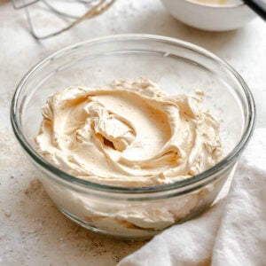 Completed Easy Peanut Butter Frosting in glass bowl.