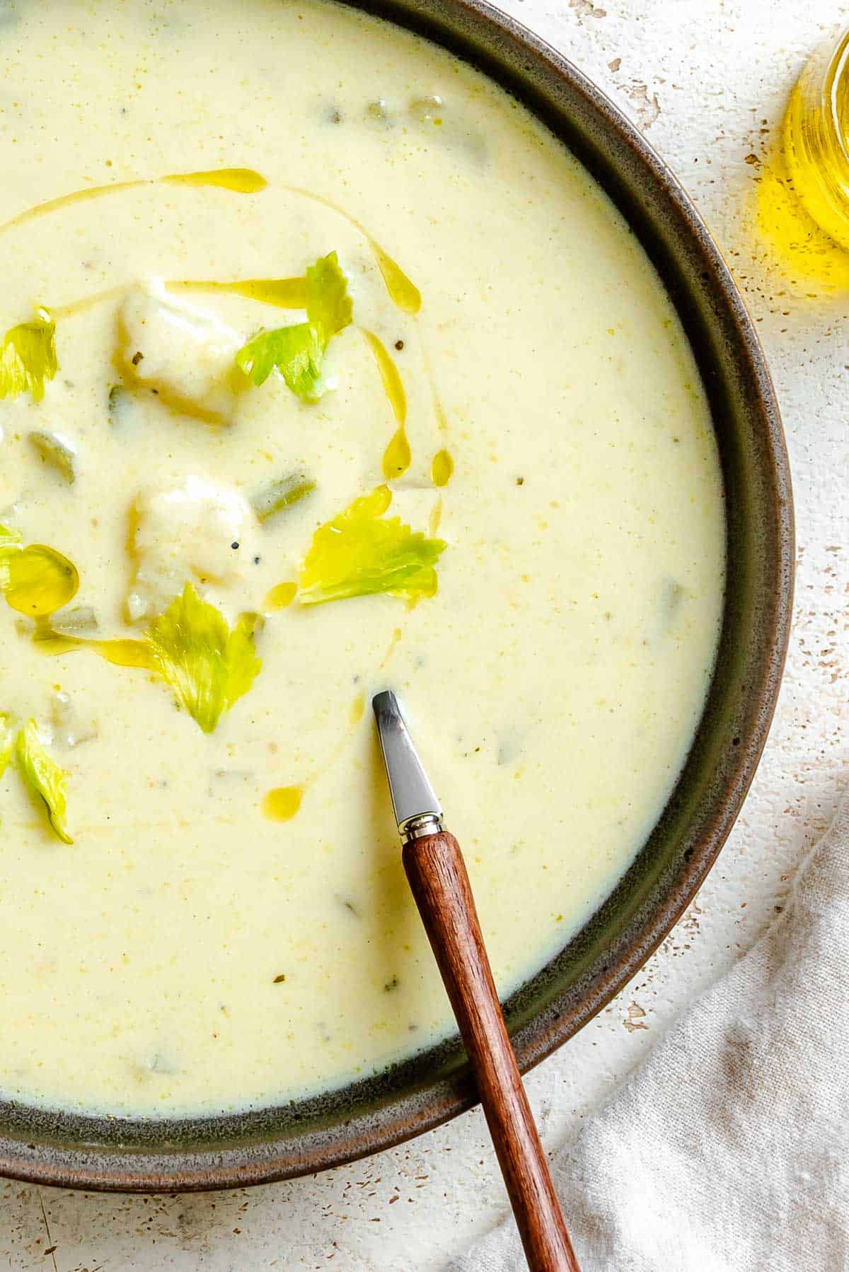Completed Cream of Celery Soup in a bowl.