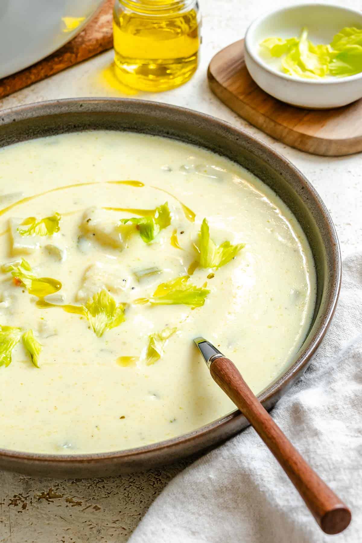 Completed Cream of Celery Soup in a bowl.