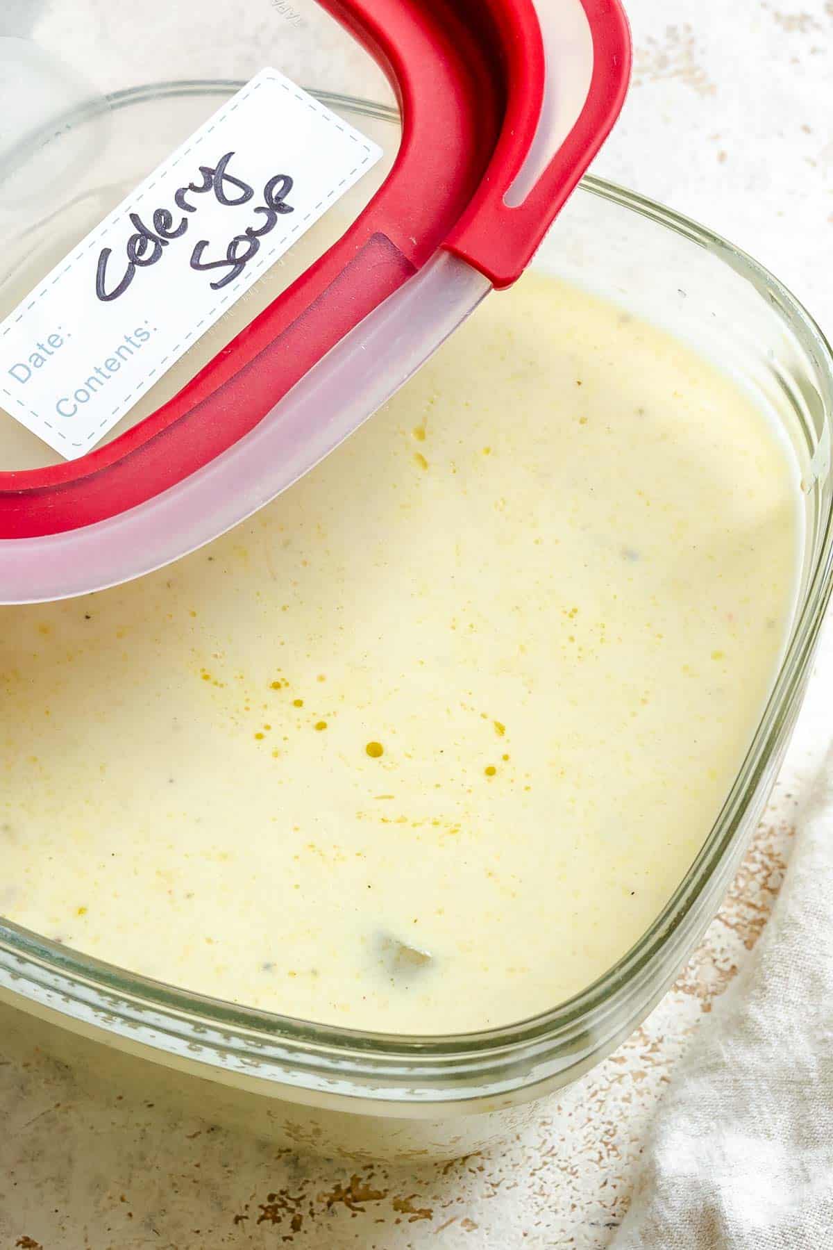 Completed Cream of Celery Soup in a storage container.