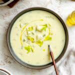 Completed Cream of Celery Soup in a bowl.