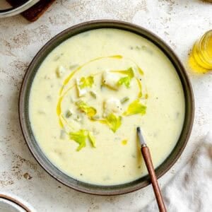 Completed Cream of Celery Soup in a bowl.