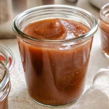 Completed Instant Pot Apple Butter in a jar.