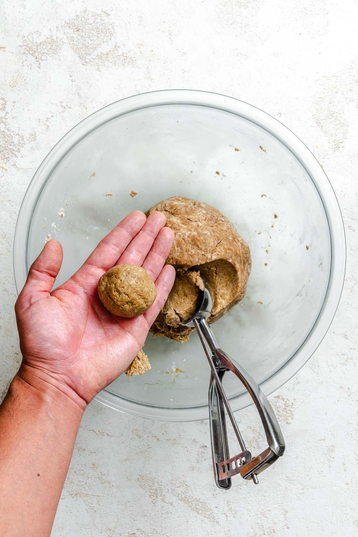 Process shot showing forming dough balls.