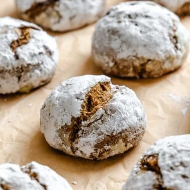 Completed Gingerbread Crinkle Cookies (Eggless!) on a baking dish.