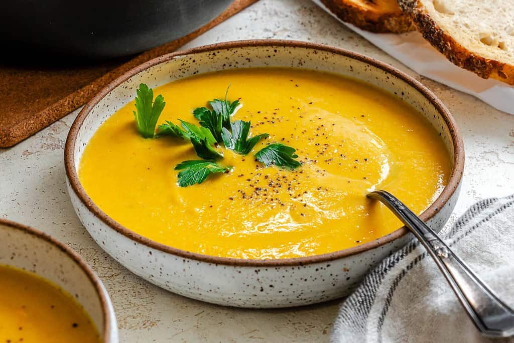 Completed Lentil and Pumpkin Soup in a bowl.