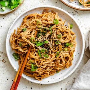 Completed Quick Peanut Noodles on a plate.
