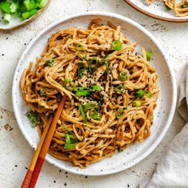 Completed Quick Peanut Noodles on a plate.
