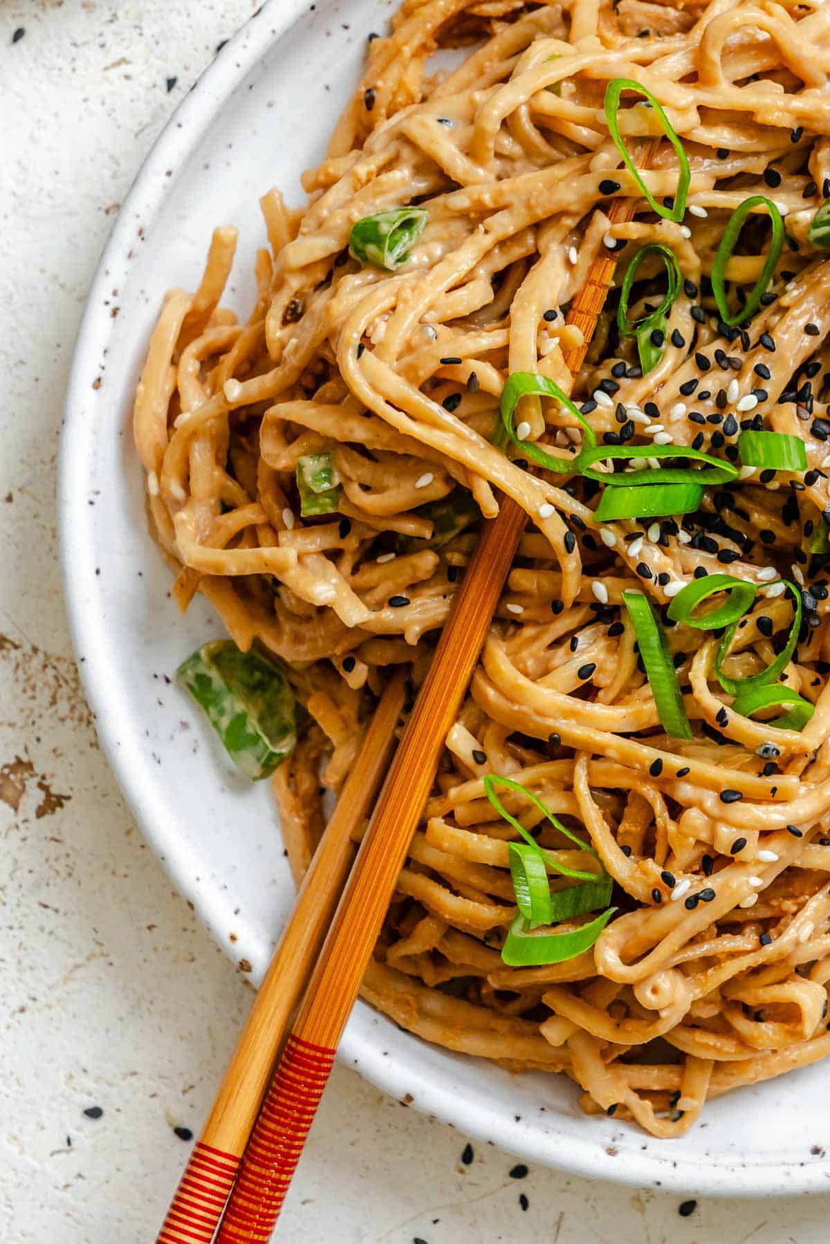 Completed Quick Peanut Noodles on a plate.