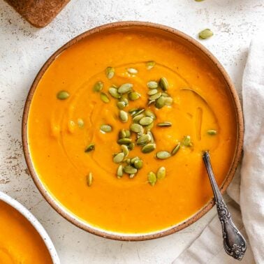 Completed Sweet Potato Pumpkin Soup in a bowl.