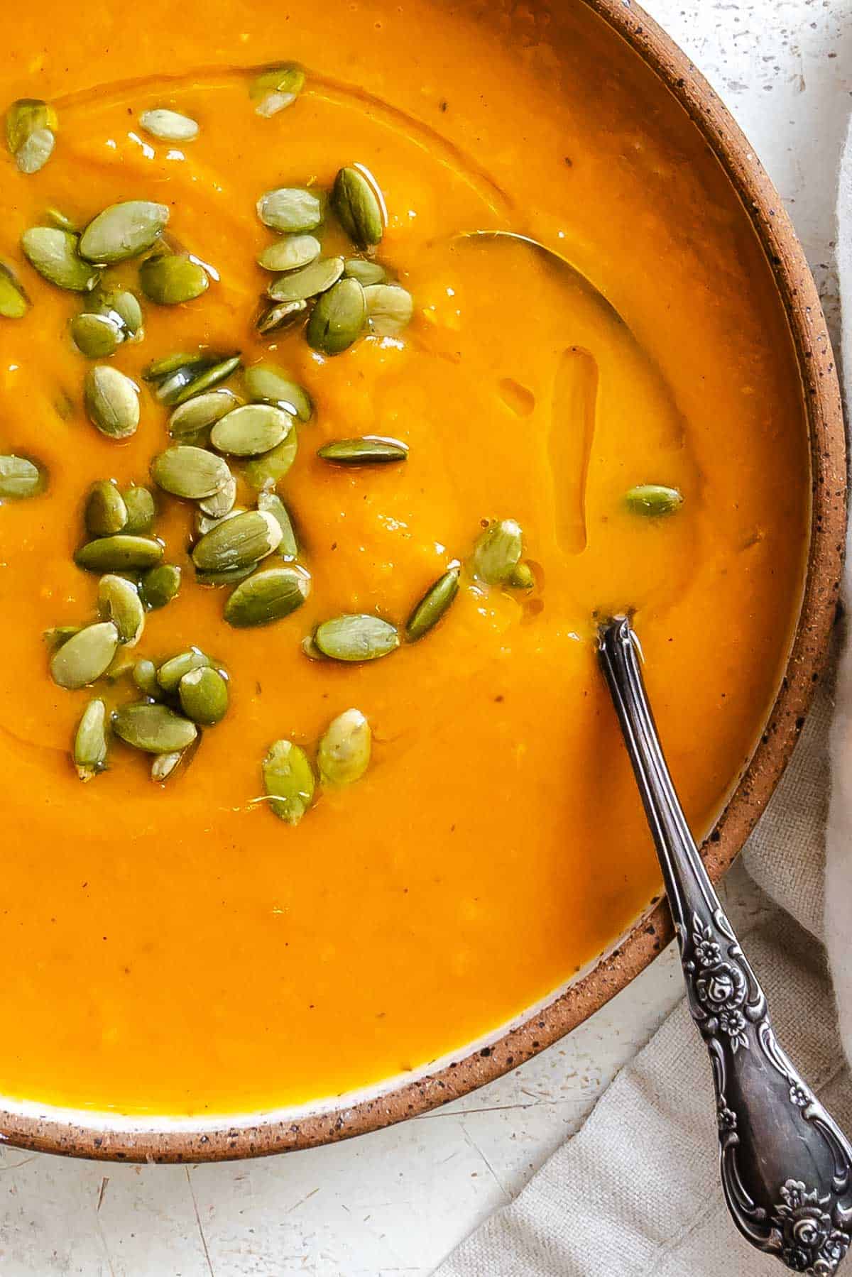 Completed Sweet Potato Pumpkin Soup in a bowl.