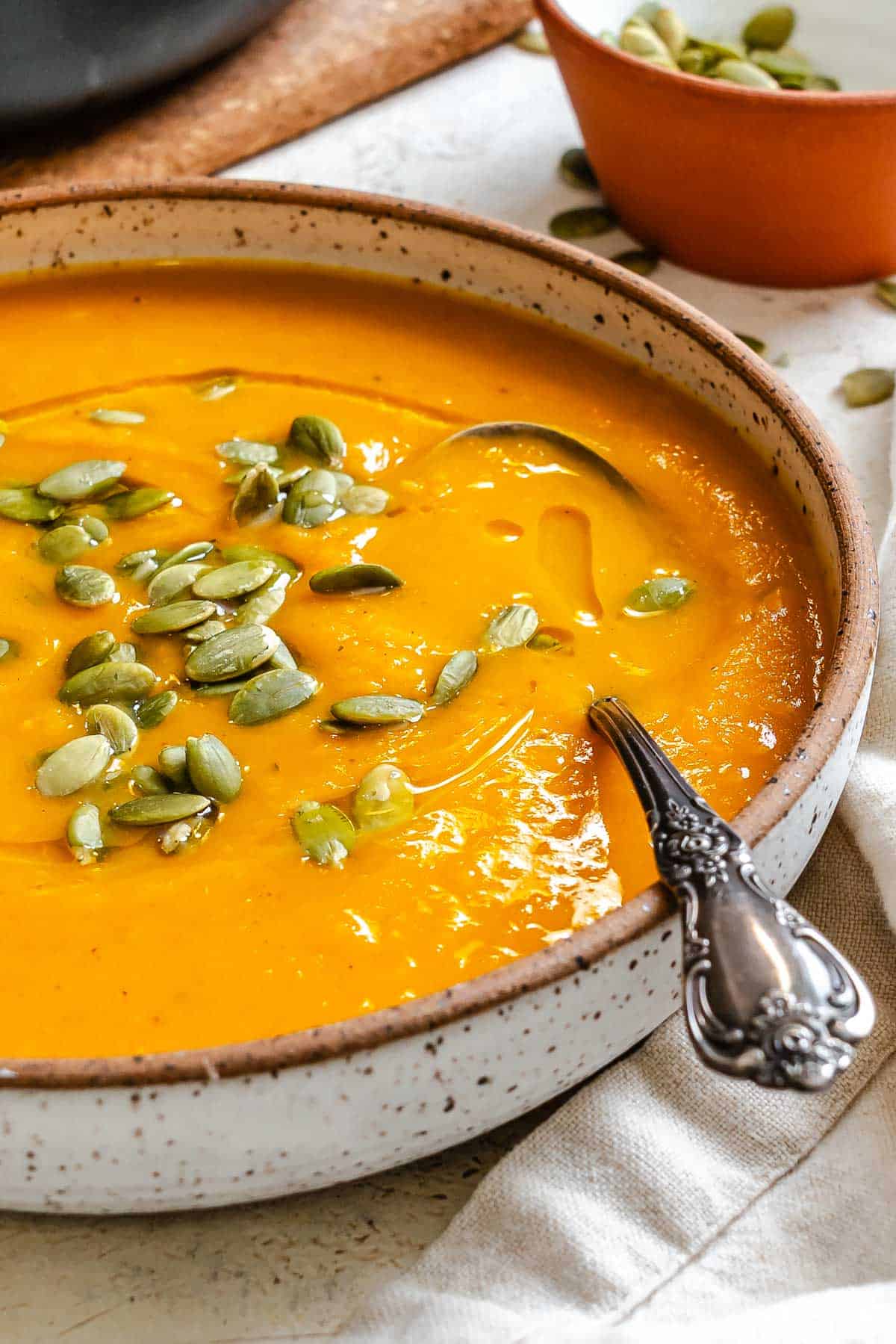 Completed Sweet Potato Pumpkin Soup in a bowl.