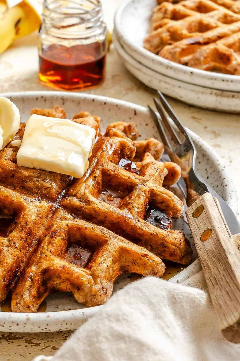 Completed Vegan Banana Waffles on a plate.