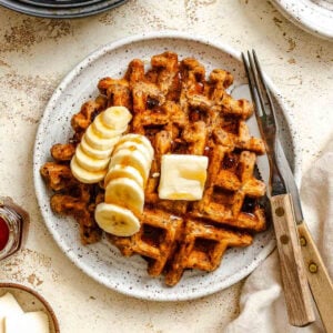 Completed Vegan Banana Waffles on a plate.
