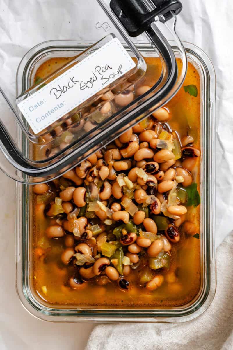 Completed Black Eyed Pea Soup (Vegan) in a storage container.