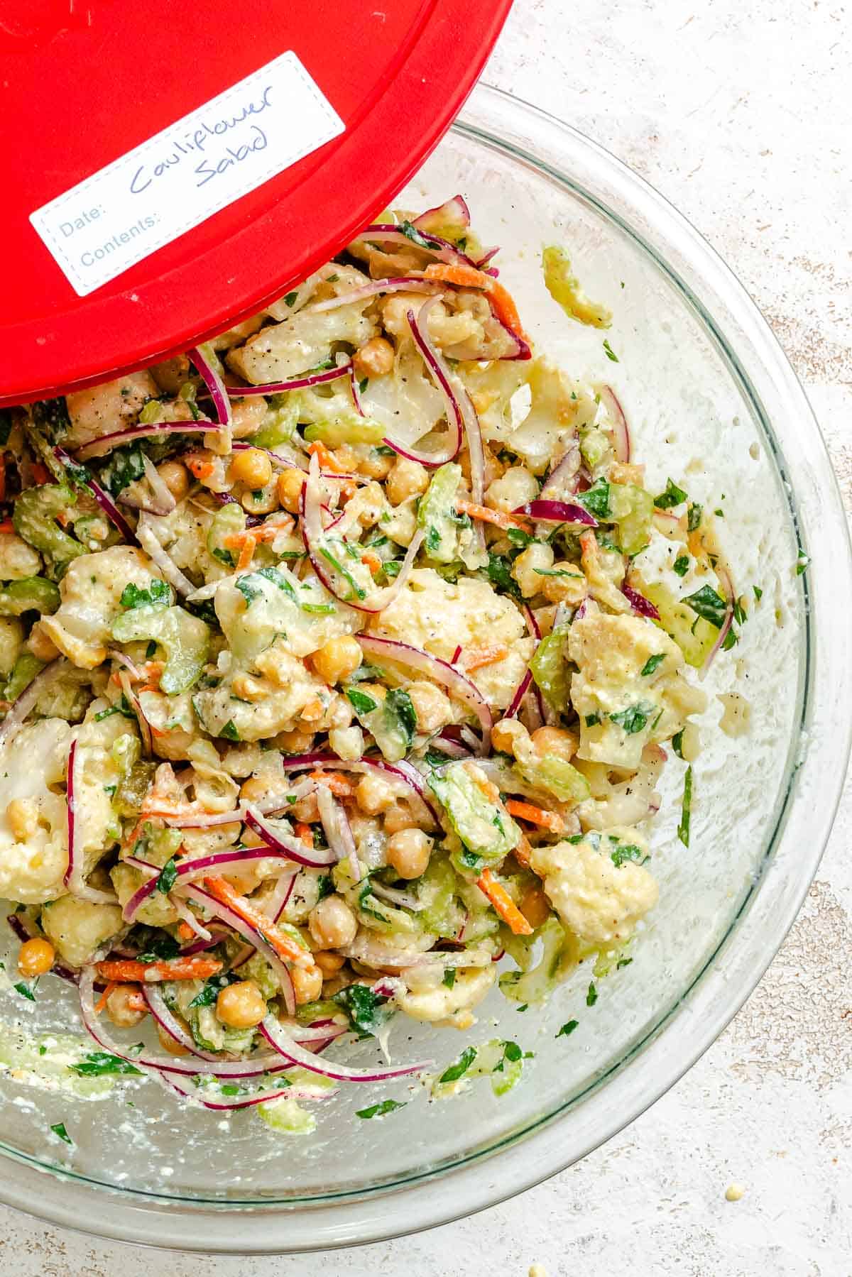 Completed Cauliflower Salad in a storage container.