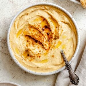 Completed Lentil Dip (Red Lentil Hummus) in a bowl.