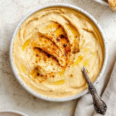 Completed Lentil Dip (Red Lentil Hummus) in a bowl.