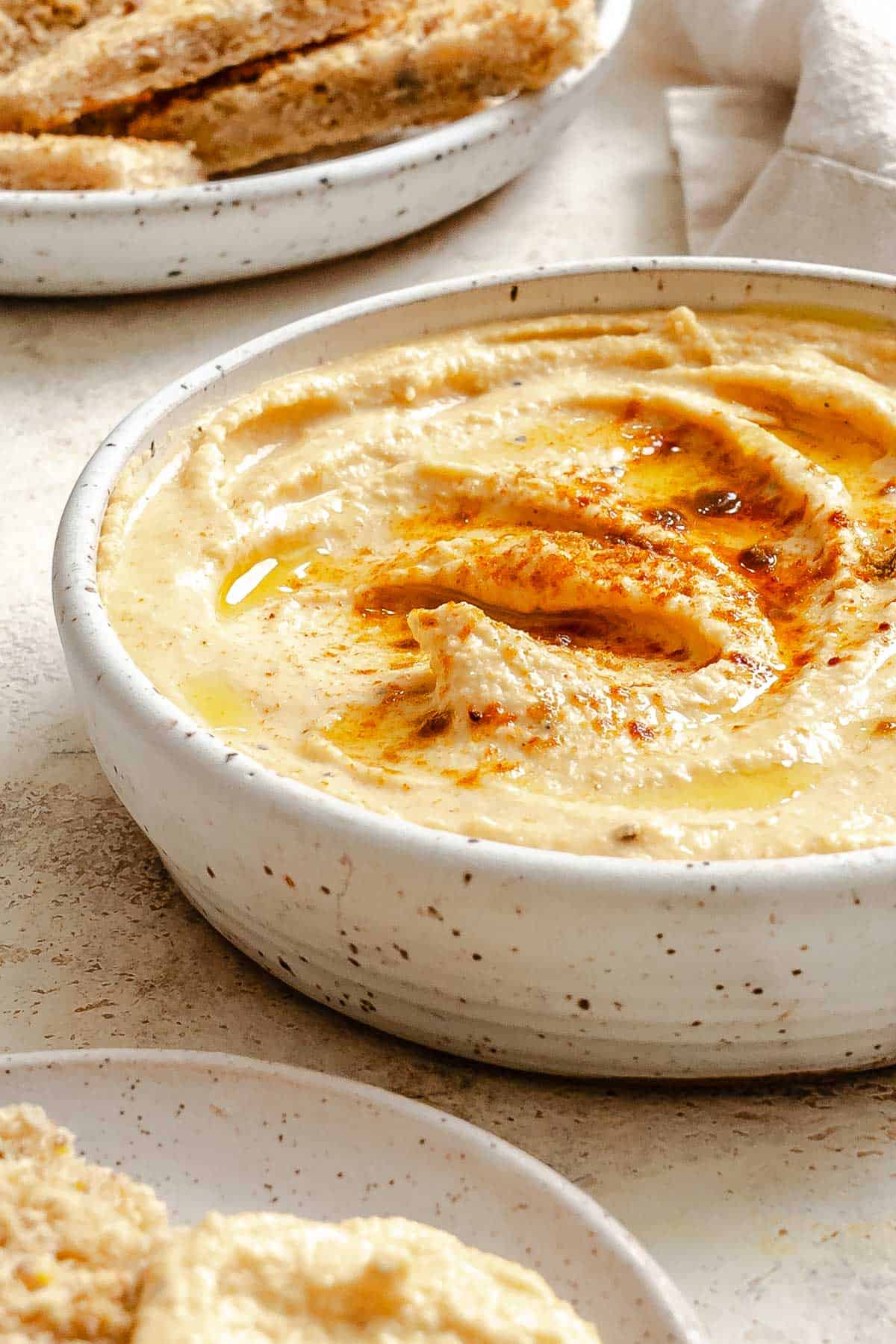 Completed Lentil Dip (Red Lentil Hummus) in a bowl.