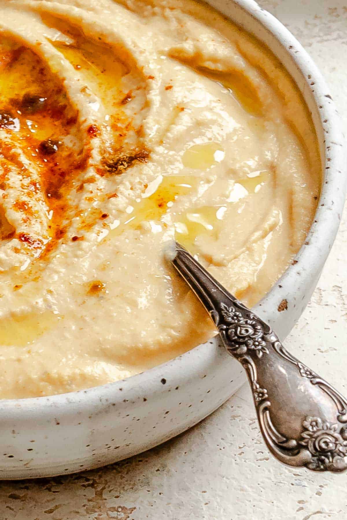 Completed Lentil Dip (Red Lentil Hummus) in a bowl.