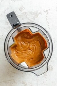 Chocolate pumpkin pie filling blended smooth in a blender.