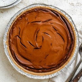 Completed Chocolate Pumpkin Pie in pie container.