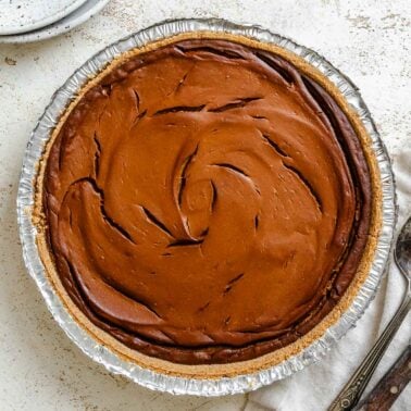 Completed Chocolate Pumpkin Pie in pie container.